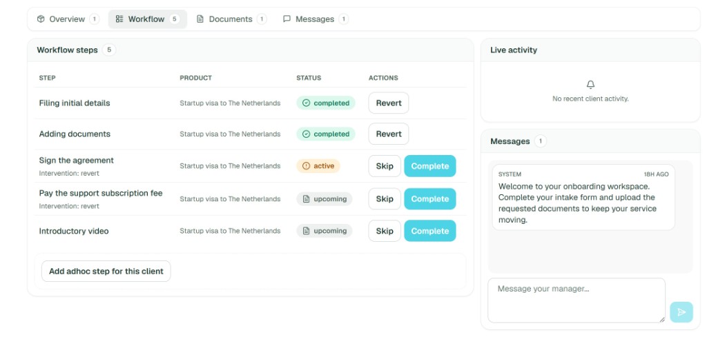 Client journey workspace showing workflow steps, live activity, and manager messages in one window.
